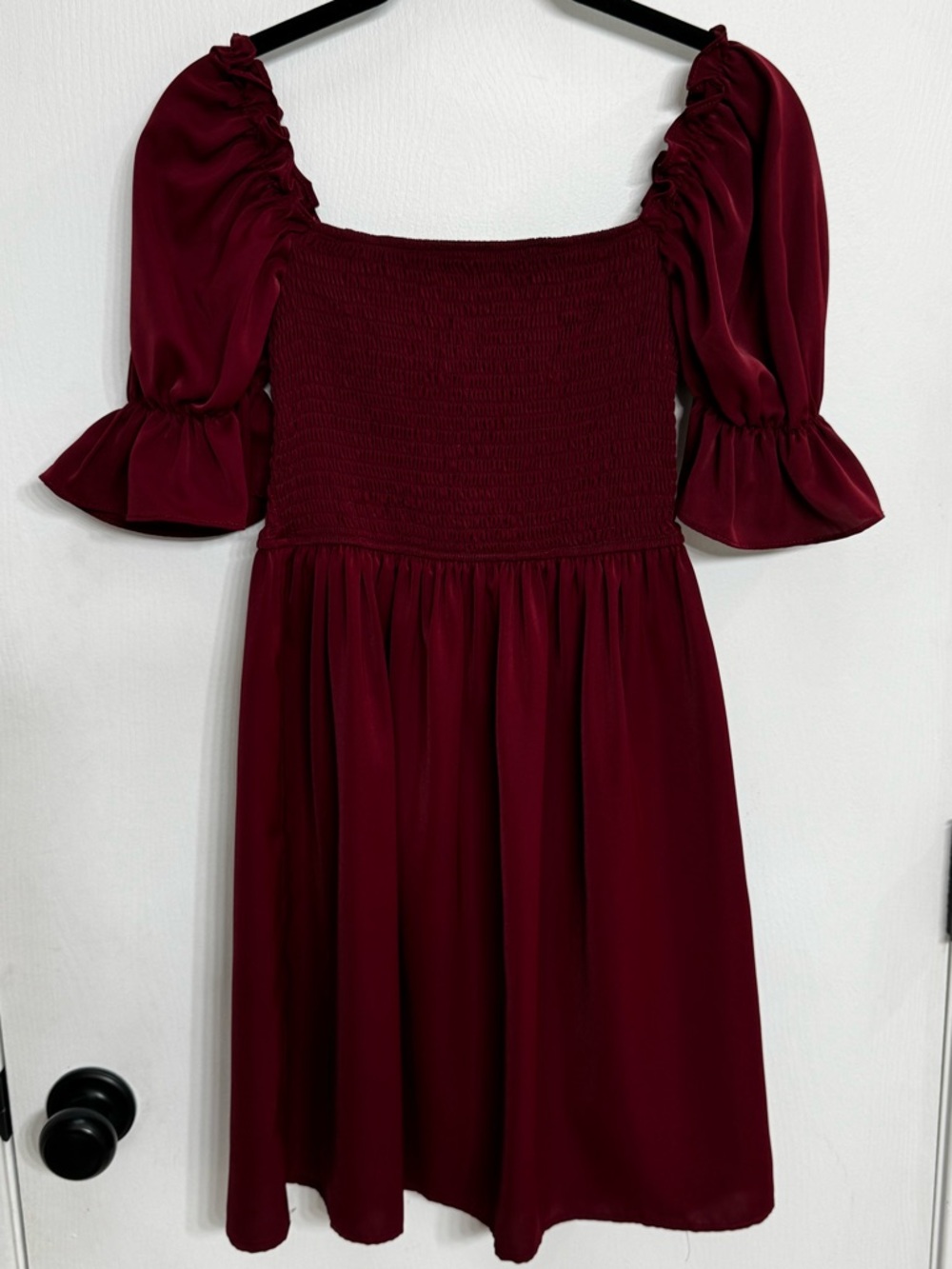 Amazon Burgundy Smocked Square-Neck Midi Dress with Puff Sleeves